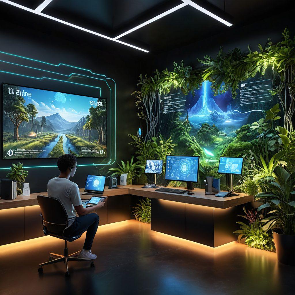 A futuristic digital interface showcasing a timeline of experiences, featuring various interactive elements symbolizing journaling, learning, and sharing resources. Include diverse characters engaged in digital activities, with bright screens displaying vibrant memories. The background should hint at a blend of nature and technology, symbolizing growth and evolution. Enrich with glowing circuits and colorful data streams. super-realistic. vibrant colors. 3D.