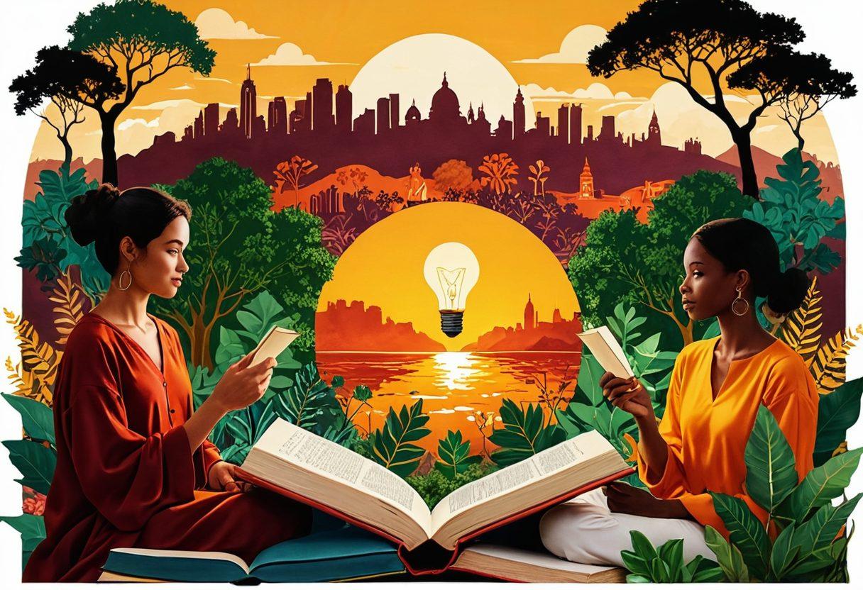 A vibrant collage of diverse individuals sharing stories, with symbolic elements representing wisdom and community, such as glowing light bulbs, books, and nature. In the background, subtle silhouettes of landmarks and landscapes indicating different cultures. The scene is infused with warm colors to evoke inspiration and connection. super-realistic. vibrant colors. white background.