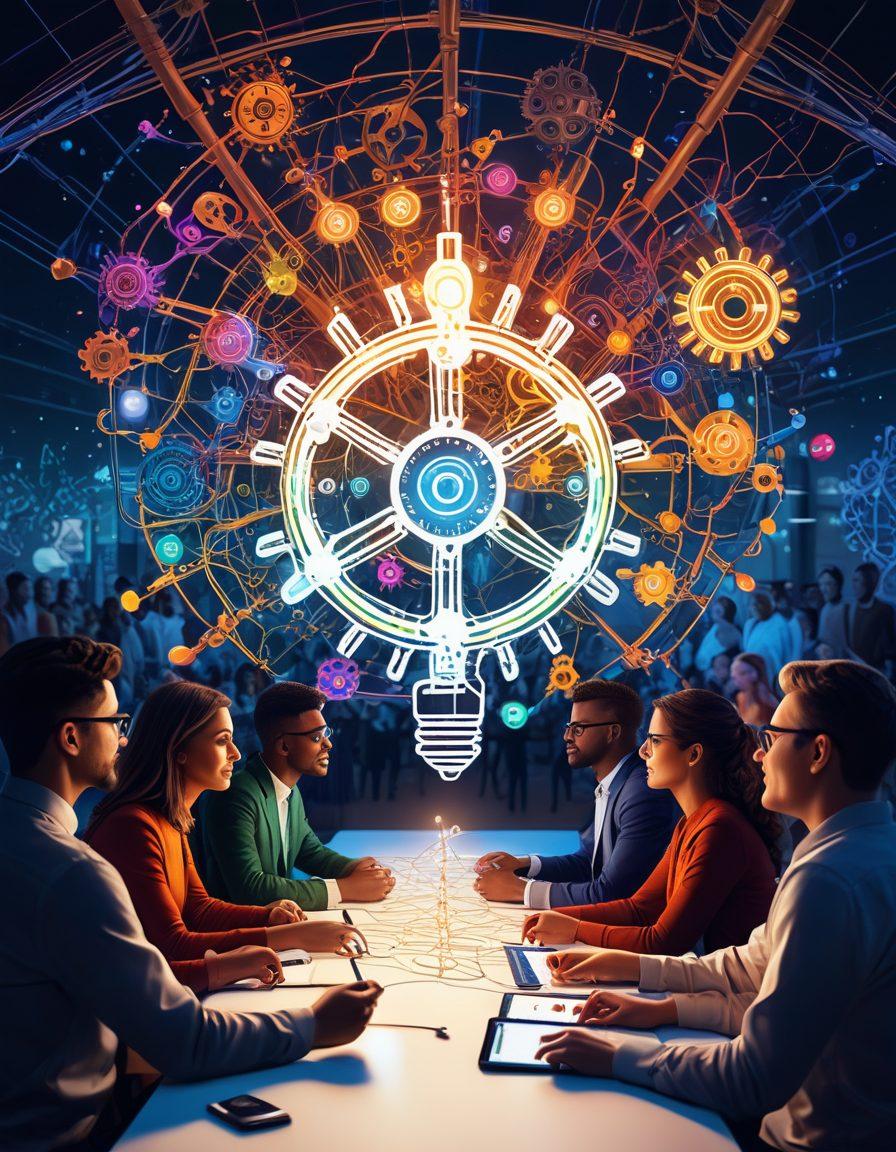 A vibrant community gathering with diverse people engaged in discussions and sharing ideas, surrounded by symbols of innovation and technology like light bulbs and gears. In the background, an abstract representation of the NCL logo interwoven with colorful neural pathways, symbolizing connection and knowledge sharing. The atmosphere should be energetic and inspiring, emphasizing collaboration and empowerment. super-realistic. vibrant colors. white background.